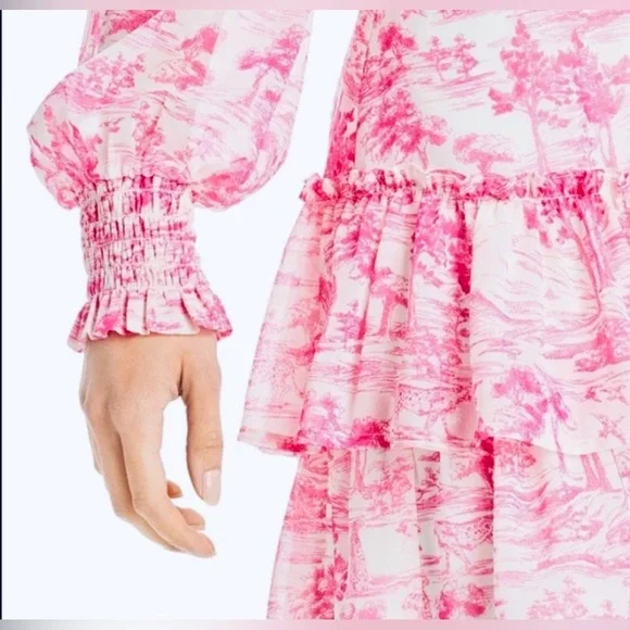 NEW!! Bloomingdale’s exclusive 💕💗 AQUA Toile Printed Ruffled Mini Dress, Sz Med. - Picture 3 of 8